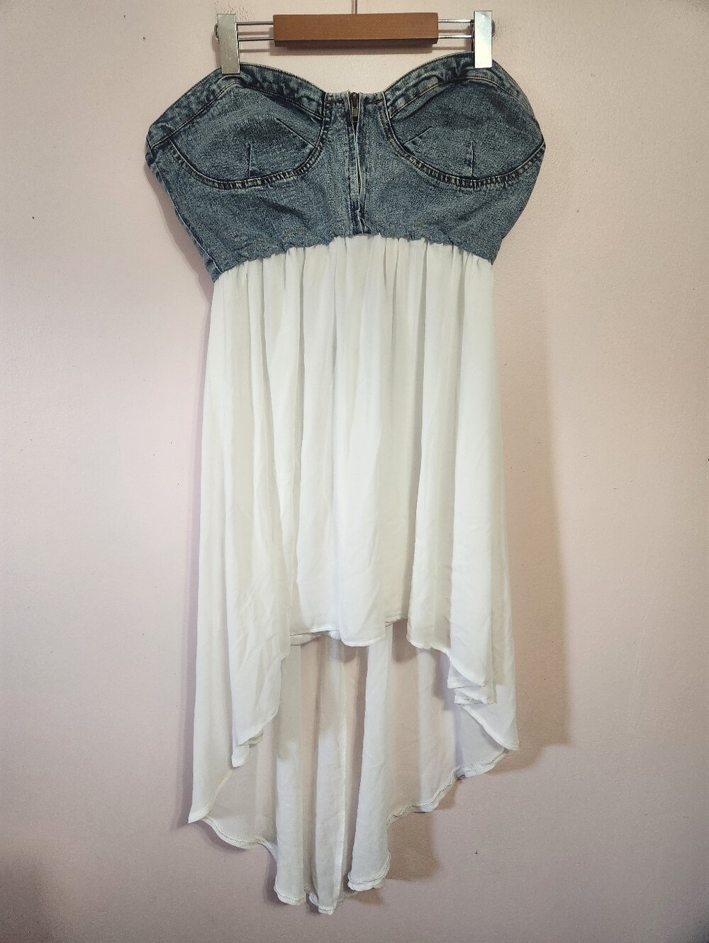Live 4 Truth Y2K Denim Bustier High Low Chiffon Midi Dress Smocked Zip Front L